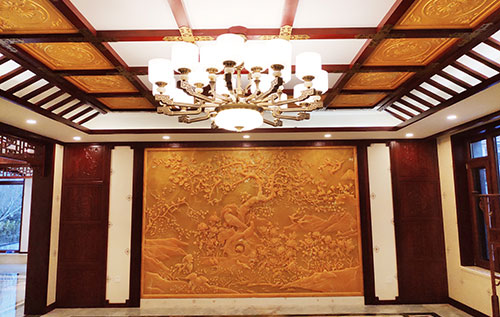 麻涌镇中式别墅客厅中式木作横梁吊顶装饰展示